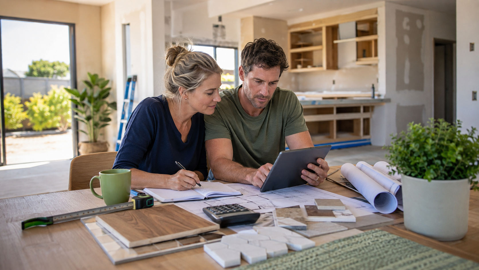 Couple planning home renovation with blueprints and tablet