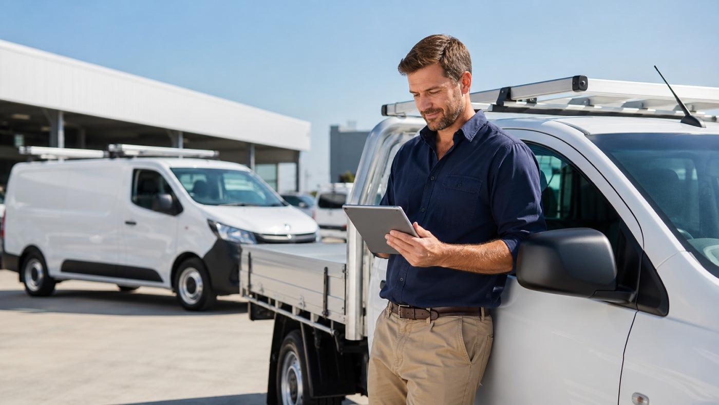 Man checks tablet in work yard behind van
