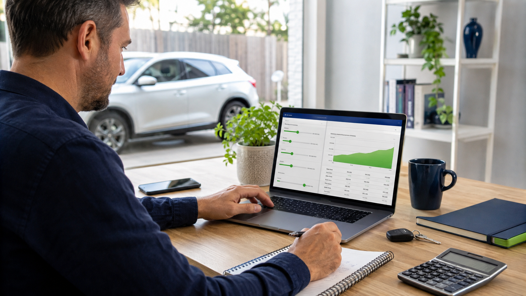 Man using a car loan calculator on his laptop