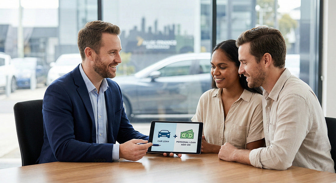 Professional consultant presenting car and personal loan options to couple