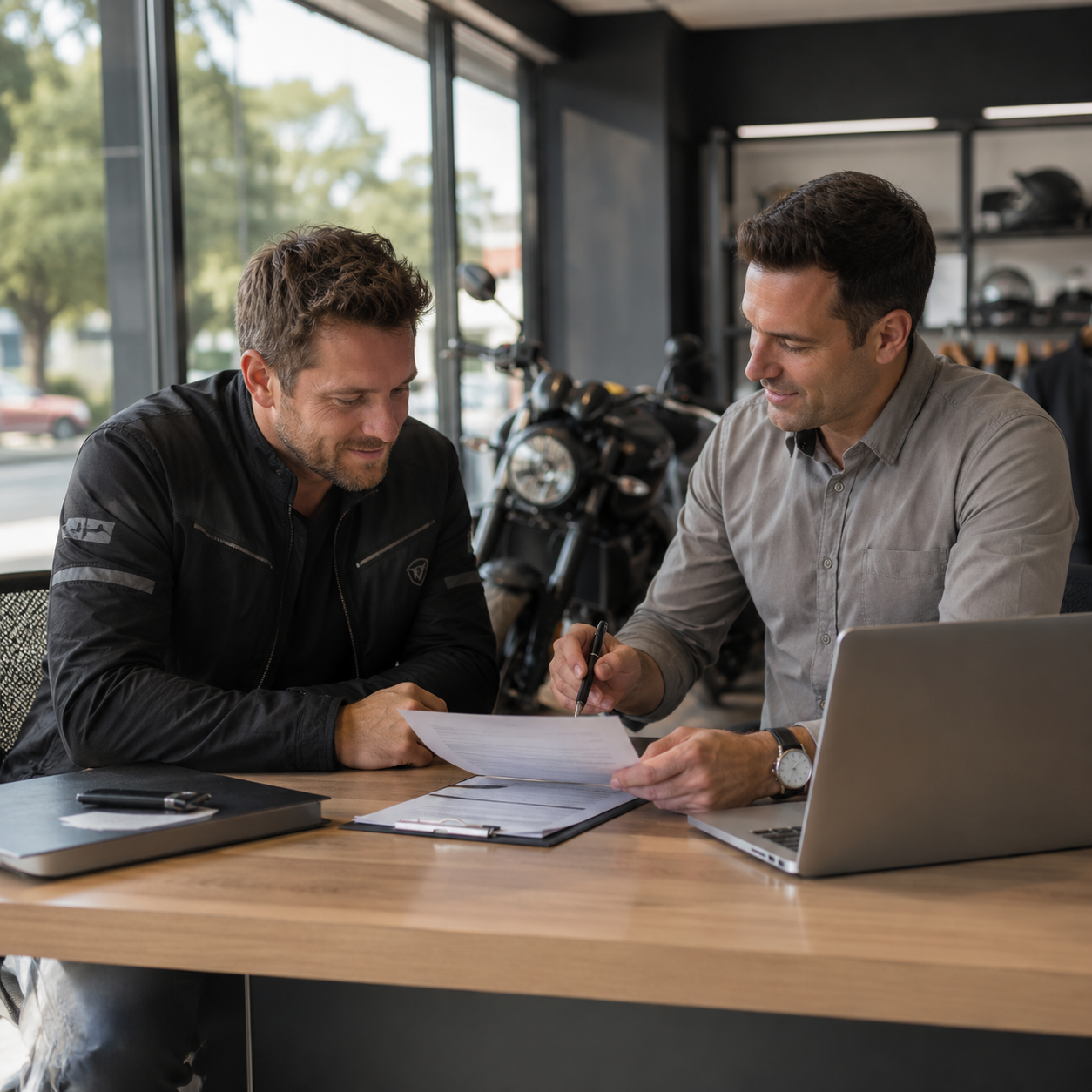Man reviewing motorbike loan documents with a dealership agent