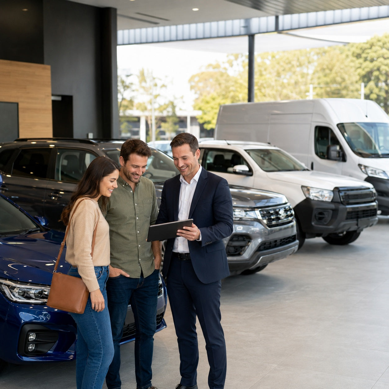 Salesperson showing a tablet to a couple in a car dealership.