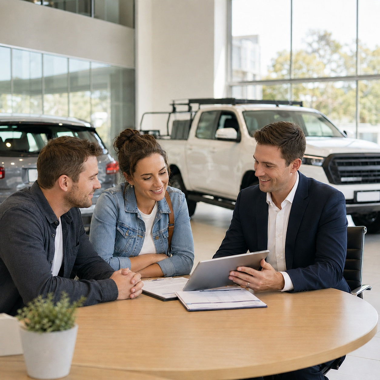 Two people in a car dealership are discussing a car loan with an advisor.