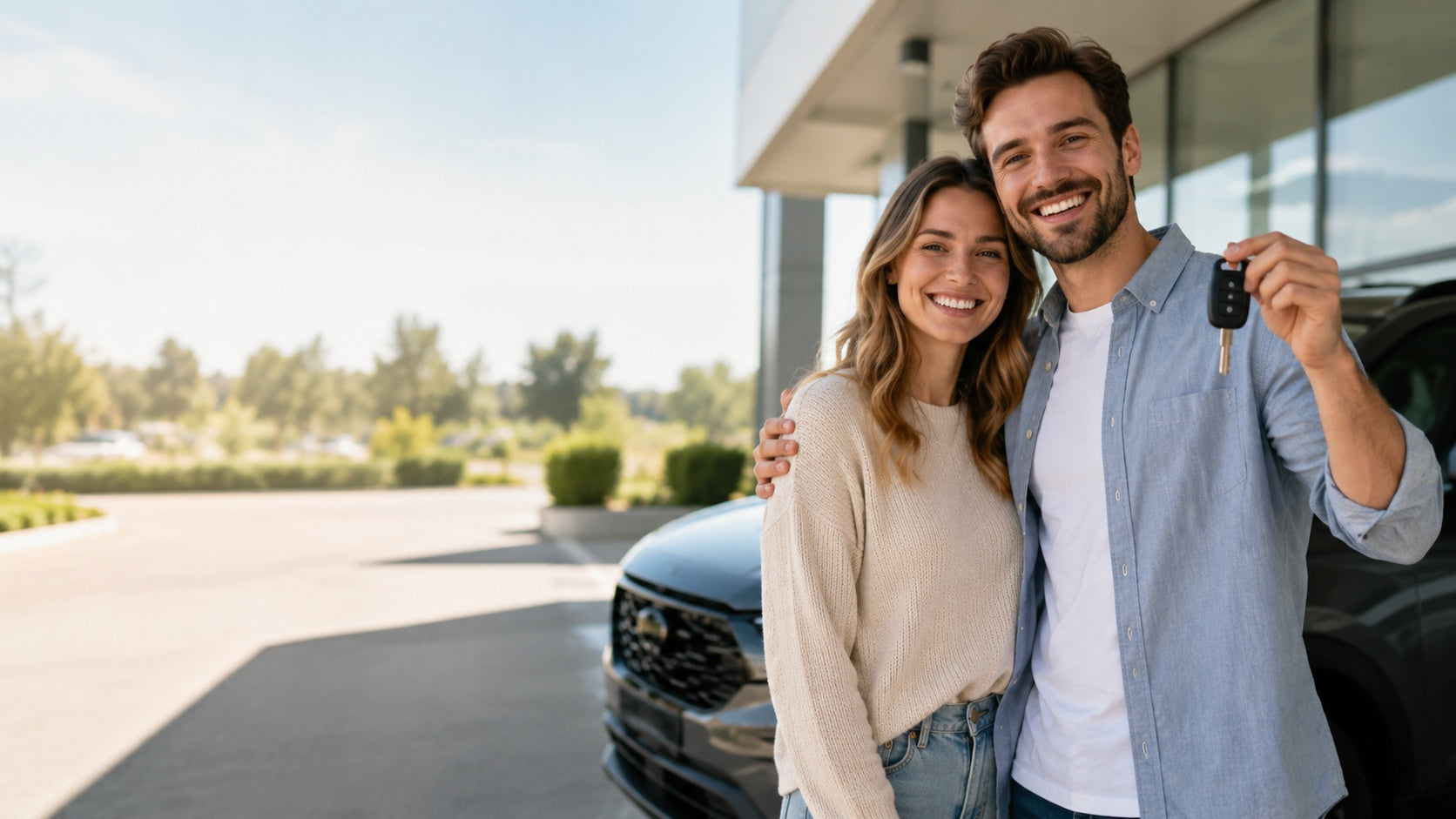 A couple is holding car keys in front of a black SUV while smiling.