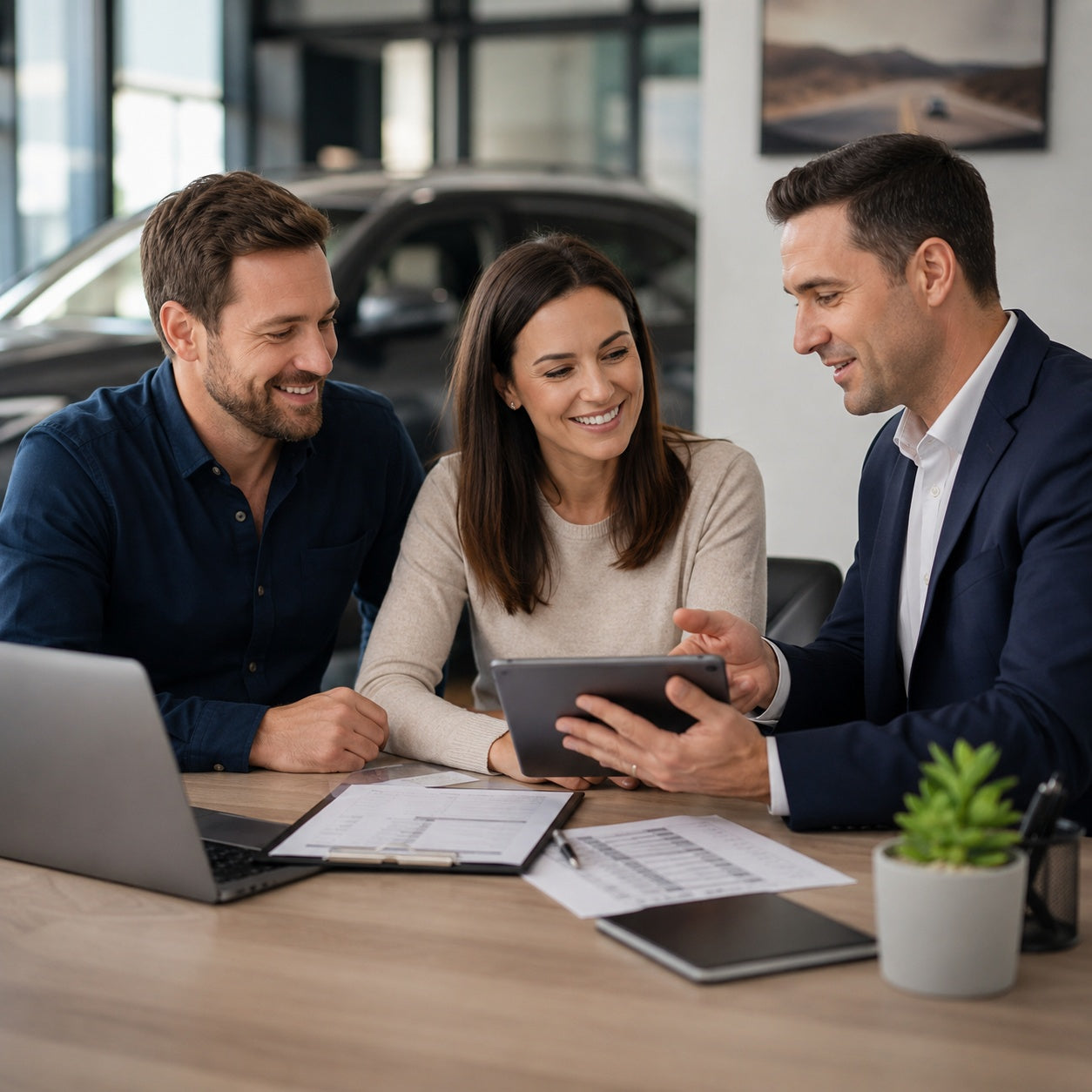 Two men and a woman in a car dealership setting, looking at a tablet together.