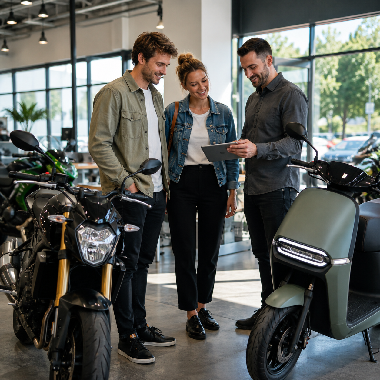Couple viewing motorbike loan options on a showroom tablet