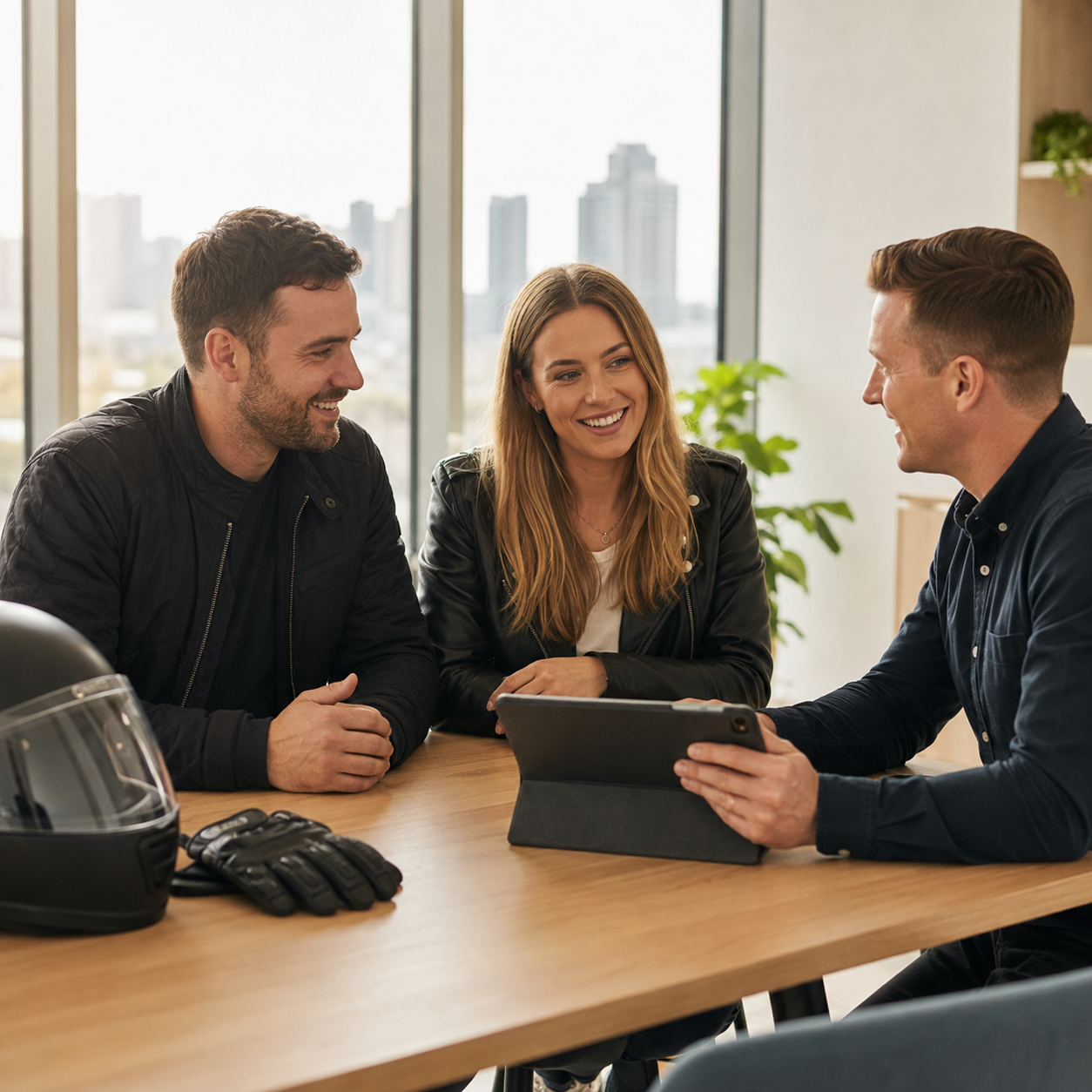 miling couple discussing motorbike financing with a loan agent