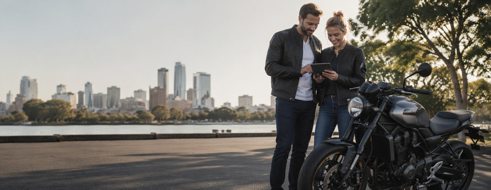 Couple checking a tablet near their motorbike and waterfront