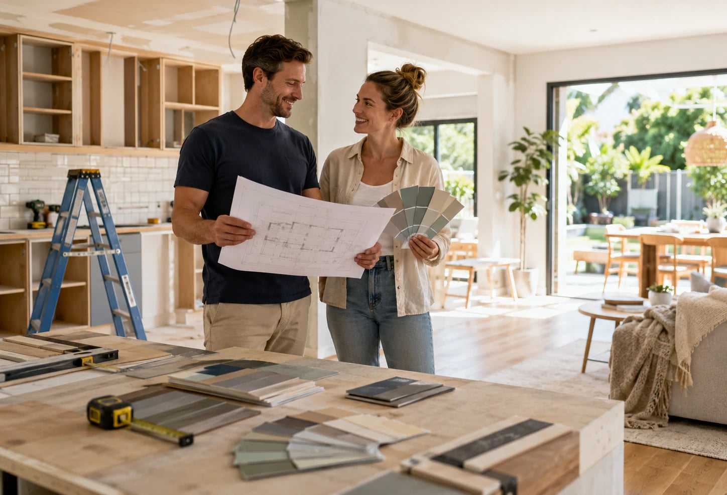 Smiling couple holds blueprints and paint swatches in home renovation